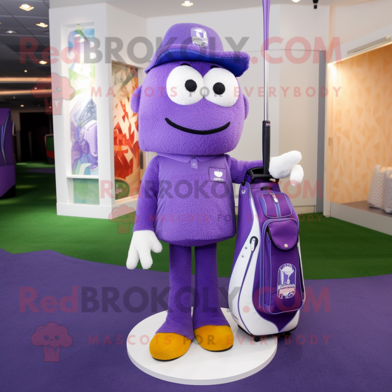 Purple Golf Bag mascot costume character dressed with a Bootcut Jeans and Handbags Purple Golf Bag mascot costume character dressed with a Bootcut Jeans and Handbags