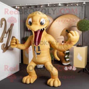 Gold Hydra mascot costume character dressed with a Rugby Shirt and Wallets