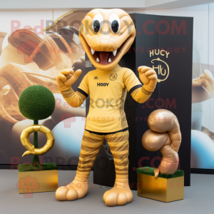 Gold Hydra mascot costume character dressed with a Rugby Shirt and Wallets