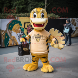 Gold Hydra mascot costume character dressed with a Rugby Shirt and Wallets