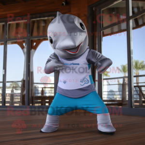 Silver Dolphin mascot costume character dressed with a Yoga Pants and Belts
