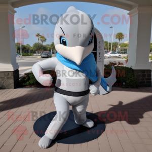 Silver Dolphin mascot costume character dressed with a Yoga Pants and Belts
