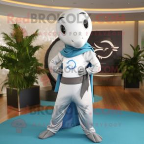 Silver Dolphin mascot costume character dressed with a Yoga Pants and Belts