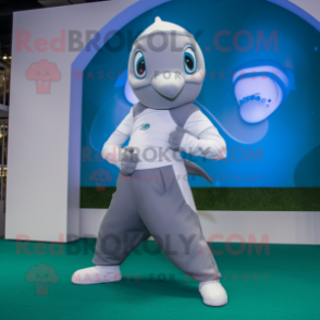 Silver Dolphin mascot costume character dressed with a Yoga Pants and Belts