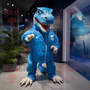 Blue T Rex mascot costume character dressed with a Windbreaker and Bracelets