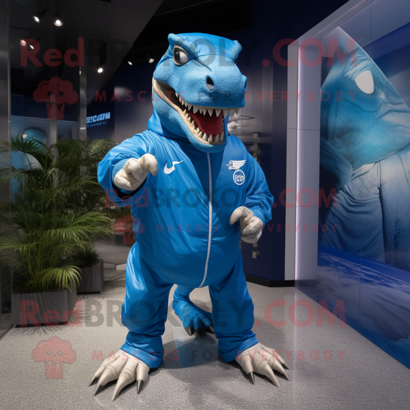 Blue T Rex mascot costume character dressed with a Windbreaker and Bracelets Blue T Rex mascot costume character dressed with a Windbreaker and Bracelets
