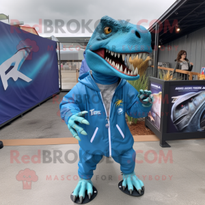 Blue T Rex mascot costume character dressed with a Windbreaker and Bracelets