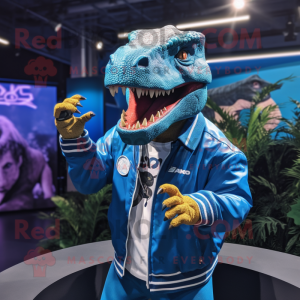 Blue T Rex mascot costume character dressed with a Windbreaker and Bracelets