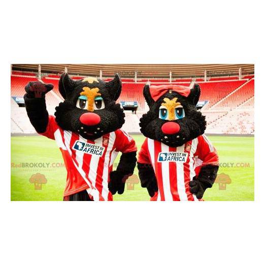 2 mascots of black and red cats in sportswear - Redbrokoly.com