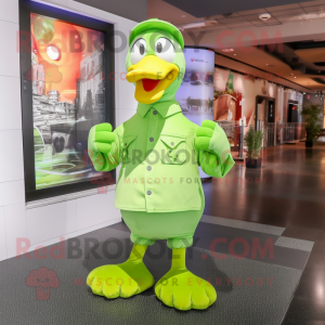 Lime Green Goose mascot costume character dressed with a Button-Up Shirt and Cummerbunds