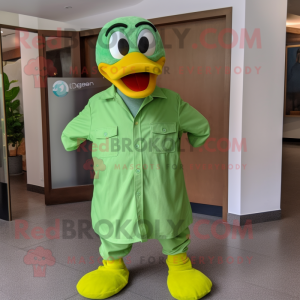 Lime Green Goose mascot costume character dressed with a Button-Up Shirt and Cummerbunds