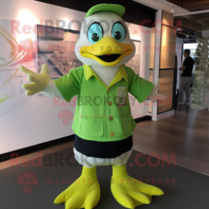 Lime Green Goose mascot costume character dressed with a Button-Up Shirt and Cummerbunds