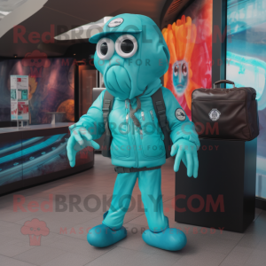 Turquoise Fried Calamari mascot costume character dressed with a Bomber Jacket and Briefcases