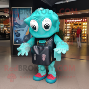 Turquoise Fried Calamari mascot costume character dressed with a Bomber Jacket and Briefcases