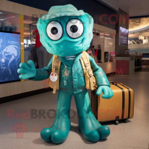 Turquoise Fried Calamari mascot costume character dressed with a Bomber Jacket and Briefcases