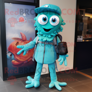Turquoise Fried Calamari mascot costume character dressed with a Bomber Jacket and Briefcases