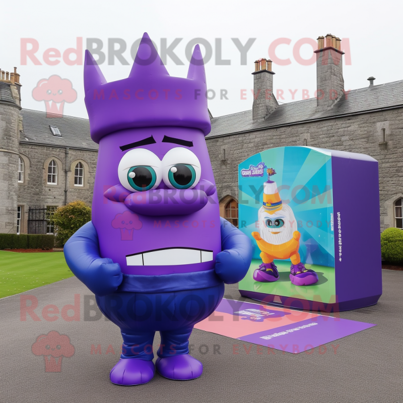 Purple Irish Castle mascot costume character dressed with a Tank Top and Lapel pins Purple Irish Castle mascot costume character dressed with a Tank Top and Lapel pins