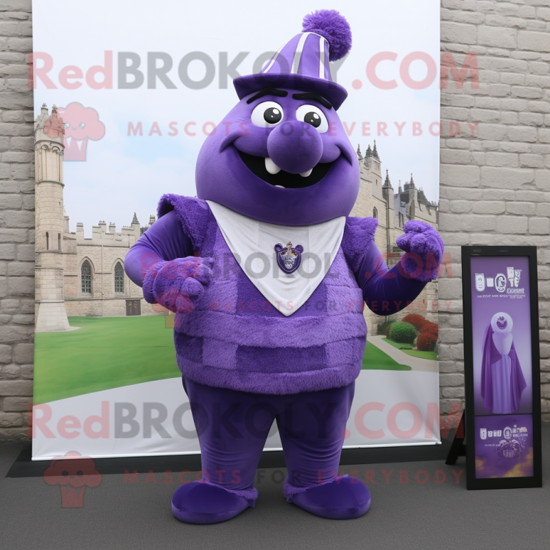 Purple Irish Castle mascot costume character dressed with a Tank Top and Lapel pins Purple Irish Castle mascot costume character dressed with a Tank Top and Lapel pins