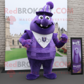 Purple Irish Castle mascot costume character dressed with a Tank Top and Lapel pins