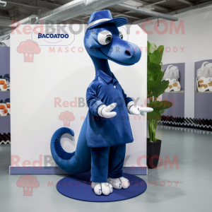 Navy Diplodocus mascot costume character dressed with a Jumpsuit and Earrings