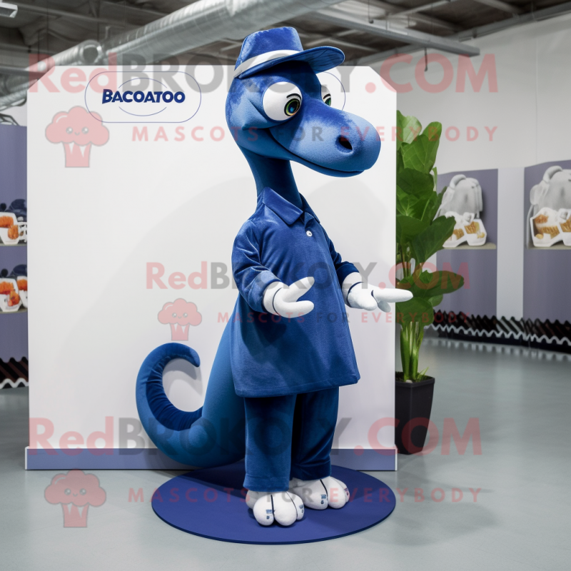 Navy Diplodocus mascot costume character dressed with a Jumpsuit and Earrings Navy Diplodocus mascot costume character dressed with a Jumpsuit and Earrings
