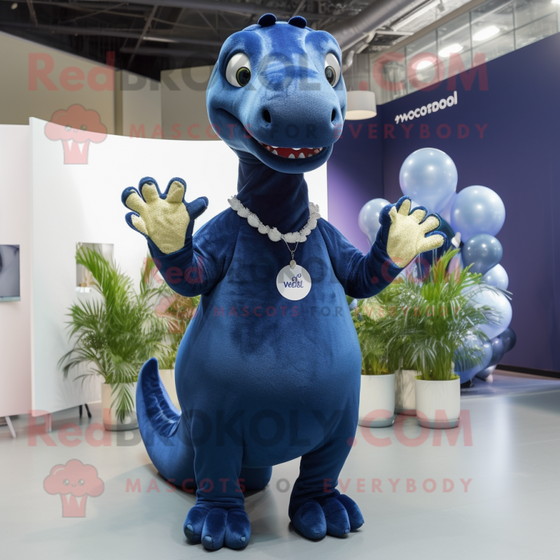 Navy Diplodocus mascot costume character dressed with a Jumpsuit and Earrings