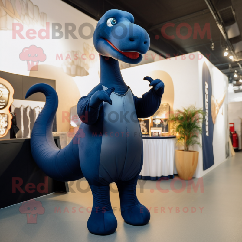 Navy Diplodocus mascot costume character dressed with a Jumpsuit and Earrings Navy Diplodocus mascot costume character dressed with a Jumpsuit and Earrings
