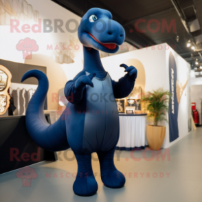 Navy Diplodocus mascot costume character dressed with a Jumpsuit and Earrings