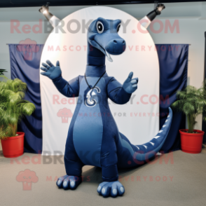 Navy Diplodocus mascot costume character dressed with a Jumpsuit and Earrings