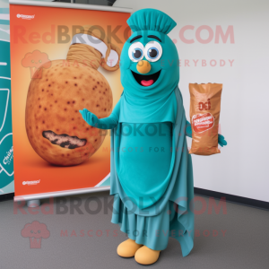 Teal Currywurst mascot costume character dressed with a Wrap Skirt and Clutch bags