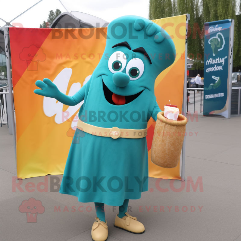 Teal Currywurst mascot costume character dressed with a Wrap Skirt and Clutch bags