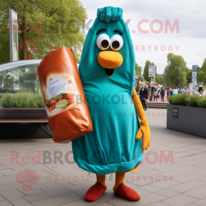 Teal Currywurst mascot costume character dressed with a Wrap Skirt and Clutch bags