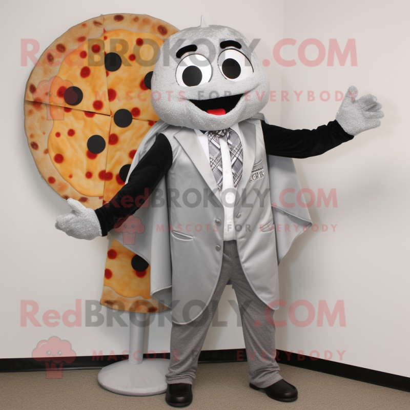 Silver Pizza mascot costume character dressed with a Blazer and Scarf clips Silver Pizza mascot costume character dressed with a Blazer and Scarf clips