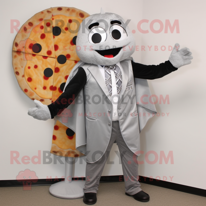 Silver Pizza mascot costume character dressed with a Blazer and Scarf clips