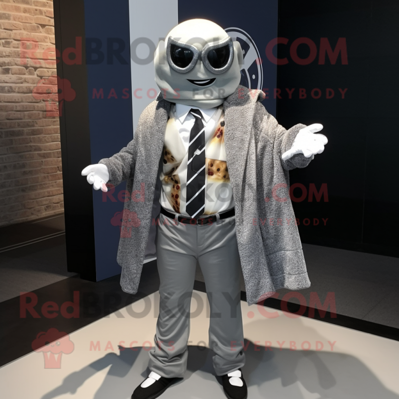 Silver Pizza mascot costume character dressed with a Blazer and Scarf clips
