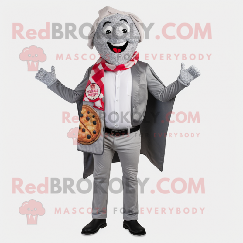Silver Pizza mascot costume character dressed with a Blazer and Scarf clips Silver Pizza mascot costume character dressed with a Blazer and Scarf clips