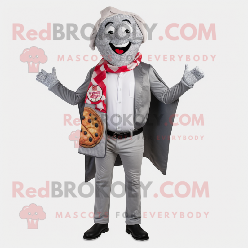 Silver Pizza mascot costume character dressed with a Blazer and Scarf clips