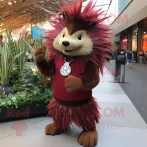 Maroon Porcupine mascot costume character dressed with a A-Line Dress and Bracelet watches