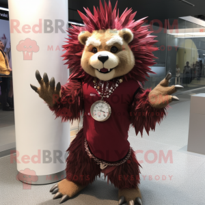 Maroon Porcupine mascot costume character dressed with a A-Line Dress and Bracelet watches