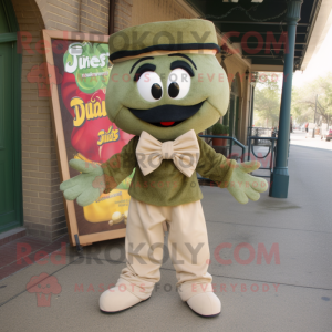 Olive Jambalaya mascot costume character dressed with a Cargo Pants and Bow ties