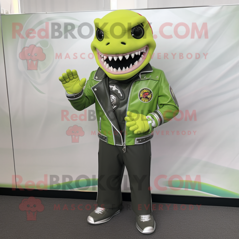 Lime Green Shark mascot costume character dressed with a Biker Jacket and Rings