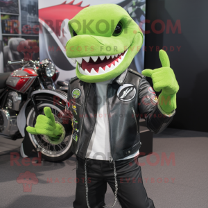 Lime Green Shark mascot costume character dressed with a Biker Jacket and Rings