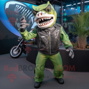Lime Green Shark mascot costume character dressed with a Biker Jacket and Rings