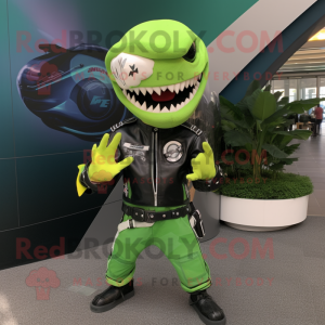 Lime Green Shark mascot costume character dressed with a Biker Jacket and Rings