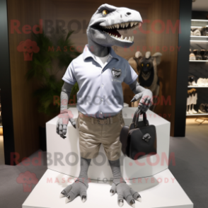 Silver Tyrannosaurus mascot costume character dressed with a Polo Tee and Handbags