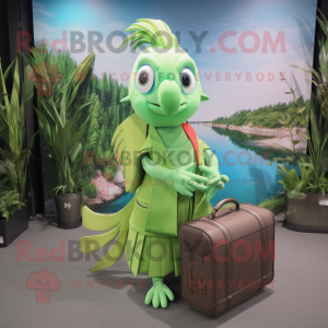 Lime Green Betta Fish mascot costume character dressed with a Wrap Skirt and Briefcases