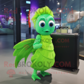 Lime Green Betta Fish mascot costume character dressed with a Wrap Skirt and Briefcases