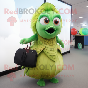 Lime Green Betta Fish mascot costume character dressed with a Wrap Skirt and Briefcases