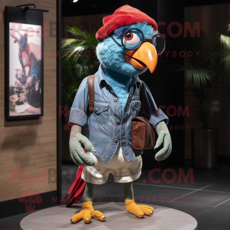 nan Parrot mascot costume character dressed with a Boyfriend Jeans and Reading glasses