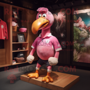 Pink Dodo Bird mascot costume character dressed with a Rugby Shirt and Shoe laces